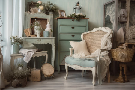 a vintage armchair, surrounded by shabby chic accessories and decor, created with generative aiの素材