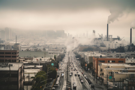 smoggy cityscape with towering smokestacks and heavy traffic, created with generative aiの素材