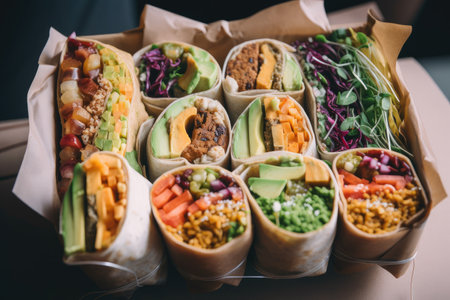 box of tasty and affordable vegan wraps, ready to eat, created with generative aiの素材