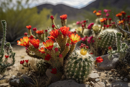 cacti and other desert flora blooming in the spring, created with generative aiの素材