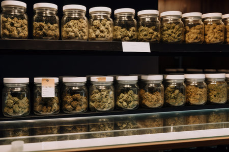 diverse range of cannabis strains on display at store or dispensary, created with generative aiの素材