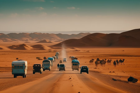 caravan approaching oasis in the middle of the desert, created with generative aiの素材