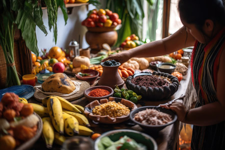person, cooking feast of diverse and colorful colombian dishes, created with generative aiの素材