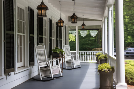 colonial house exterior with covered porch, rocking chairs, and lanterns for a welcoming atmosphere, created with generative aiの素材