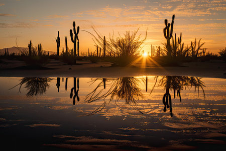 reflection of sunrise on the desert dunes, with silhouettes of cacti in the background, created with generative aiの素材
