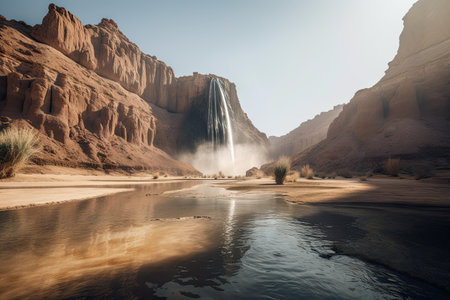 a mirage of a towering waterfall in the middle of a desert, created with generative aiの素材