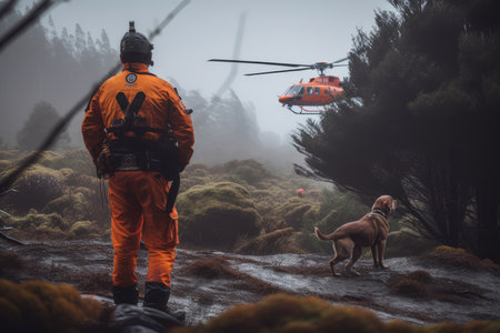 emergency response team responding to landslide in remote area, with rescue helicopters and search dogs on standby, created with generative aiの素材