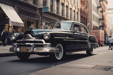 classic car parked on bustling city street, with vintage lines and modern technology, created with generative aiの素材