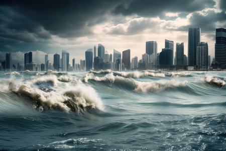 tsunami and coastal flooding in a modern metropolis with towering skyscrapers, created with generative aiの素材