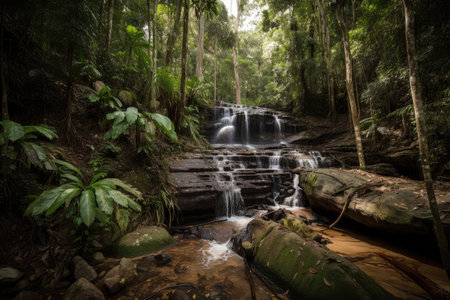 amazonsian waterfall, cascading over the forest floor, created with generative aiの素材