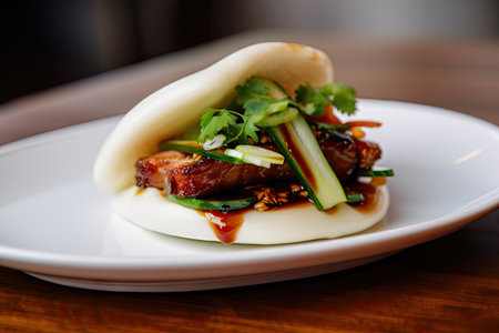 bao bun with pork belly, scallions, and hoisin sauce, created with generative aiの素材