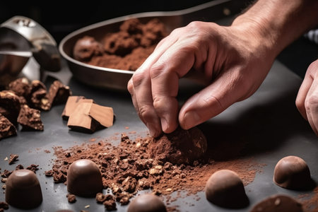 close-up of chocolatiers hands, mixing ingredients and shaping truffles, created with generative aiの素材