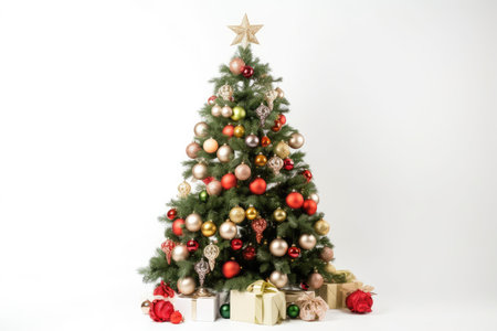 decorated christmas tree surrounded by festive border on a white background, created with generative aiの素材