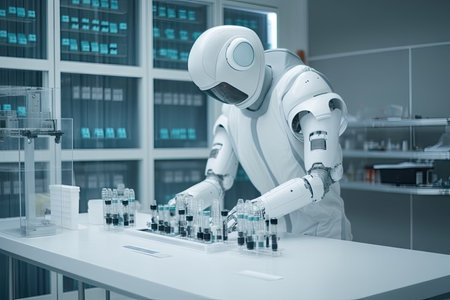 robot, with its cleanroom suit removed, preparing and distributing medical supplies, created with generative aiの素材
