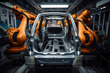 robot arm guiding human worker in the assembly of a car, created with generative aiの素材