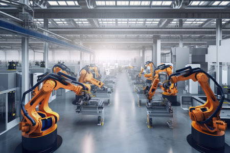 factory with cobots working side by side with human workers, bringing unprecedented levels of automation to the manufacturing floor, created with generative aiの素材