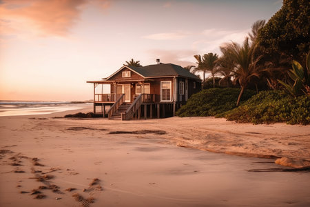 peaceful beach setting with cozy house in the background, created with generative aiの素材