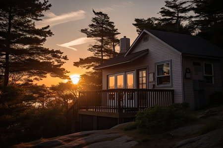 exterior of cozy house with view of sun setting in the horizon, and silhouettes of trees visible, created with generative aiの素材