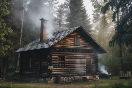 rustic log cabin surrounded by towering trees, with smoke from the chimney curling into the sky, created with generative aiの素材