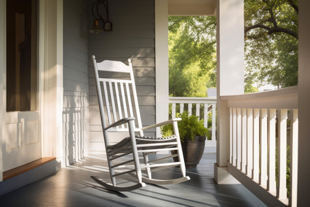 cozy house exterior with porch and rocking chair, ready for lazy afternoon, created with generative aiの素材