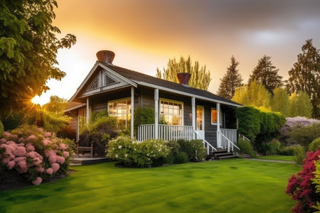 cozy house exterior with lush green garden, inviting porch, and stunning sunset view, created with generative aiの素材