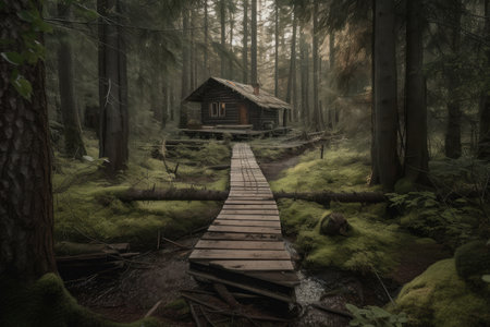 forest with duckboards path leading to abandoned cabin, created with generative aiの素材