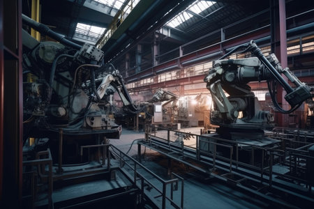 foundry factory with conveyor belts and robotic arms, producing parts for high-tech devices, created with generative aiの素材
