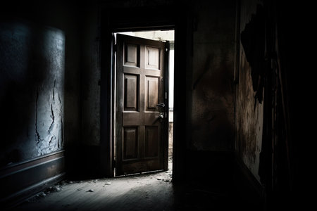 door to haunted abandoned building creaking open, with dim light shining from within, created with generative aiの素材