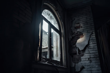 close-up of broken window in haunted abandoned building, with the moon shining through, created with generative aiの素材