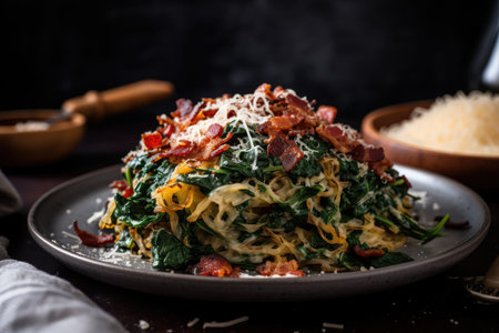 pile of homemade past with smoky bacon, spinach, and parmesan, created with generative aiの素材