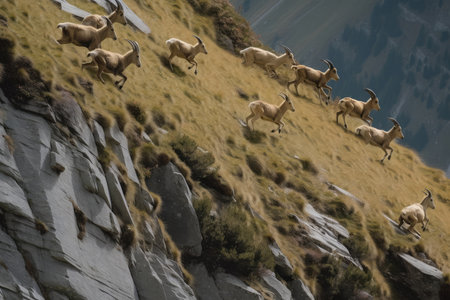 a herd of ibex leaping from one cliffside to the next, their hooves barely touching the ground, created with generative aiの素材