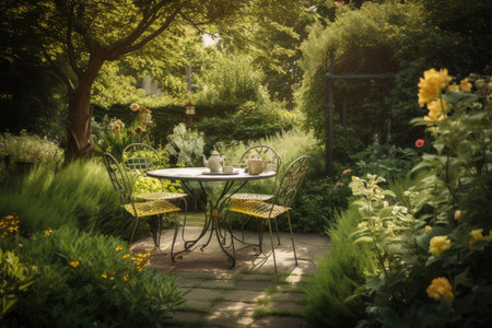 cozy table and chairs surrounded by lush garden on a warm summer day, created with generative aiの素材