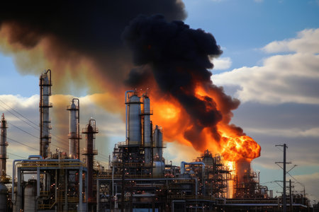 petrochemical plant, with smoke and flames coming from the tall stacks, created with generative aiの素材