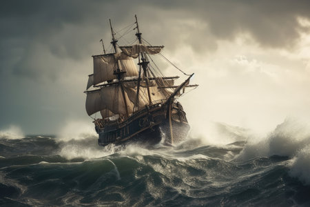 pirate ship on stormy sea, waves crashing against the hull, created with generative aiの素材