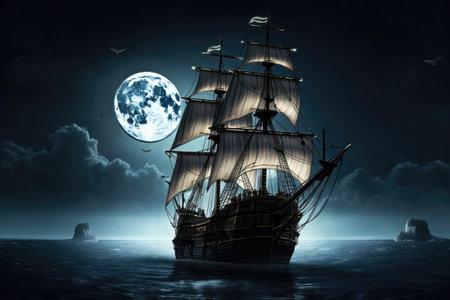 pirate ship sailing on moonlit night, with the full moon shining down, created with generative aiの素材