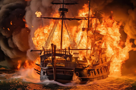 pirate ship surrounded by flames, roaring fire in the middle of battle, created with generative aiの素材