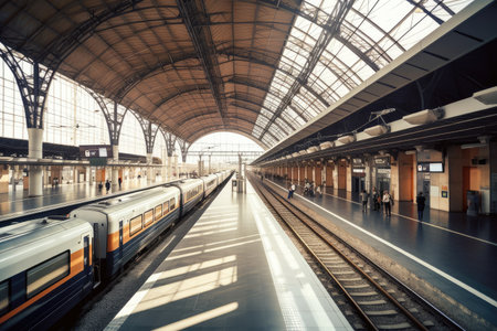 modern railway station with sleek and streamlined trains, passengers waiting for their ride, created with generative aiの素材