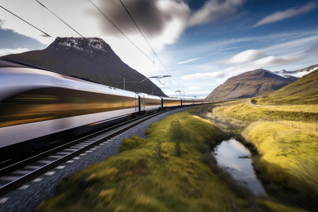sleek and modern train speeding past beautiful landscape, created with generative aiの素材