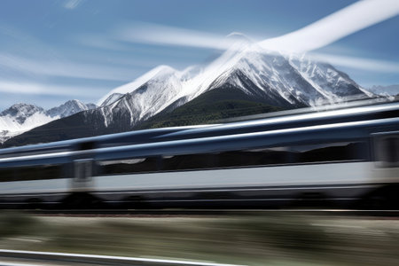 high-speed train zooming past mountain range, with snowcapped peaks in the background, created with generative aiの素材