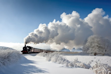 steam train making its way through snowy landscape, with the smoke rising from the chimney, created with generative aiの素材