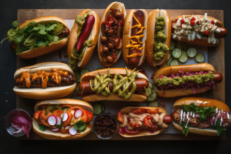 platter of hot dogs, with variety of different toppings, created with generative aiの素材