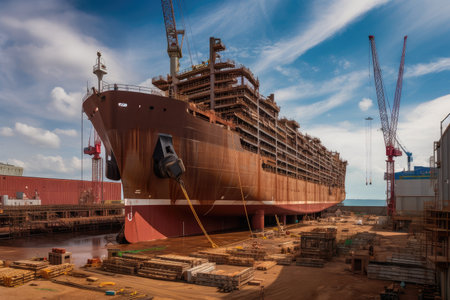 shipyard, with massive ship being built from the keel up, created with generative aiの素材