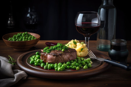 hearty steak and potatoes dinner with green peas, side of cornbread, and glass of red wine, created with generative aiの素材