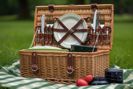 ultimate picnic basket with all the essentials, including plates, glasses, napkins & utensils, created with generative aiの素材