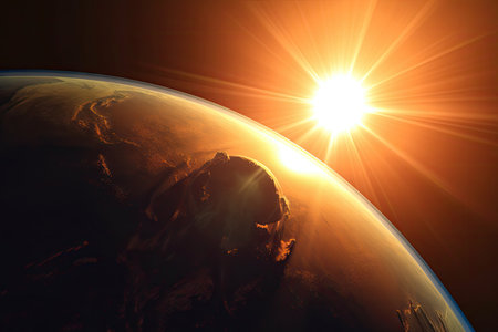 sunrise over globe, with view of solar flare on the horizon, created with generative aiの素材