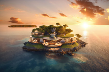 floating island surrounded by undulating waves and tropical sunsets, created with generative aiの素材
