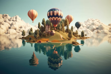 surreal float island, with hot air balloon nearby, floating over tranquil pond, created with generative aiの素材