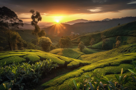 tea plantation with sunset, showcasing the bright and changing colors of the sky, created with generative aiの素材