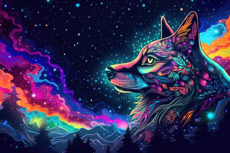trippy animal on a psychedelic starry night sky background, created with generative aiの素材
