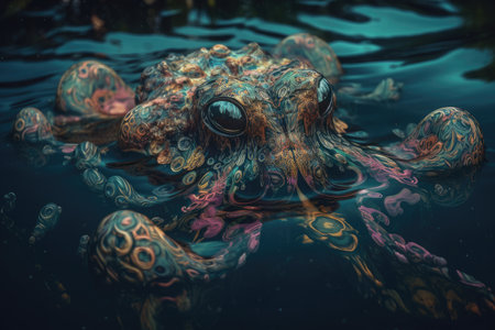 trippy creature of the deep, floating on the water surface, created with generative aiの素材